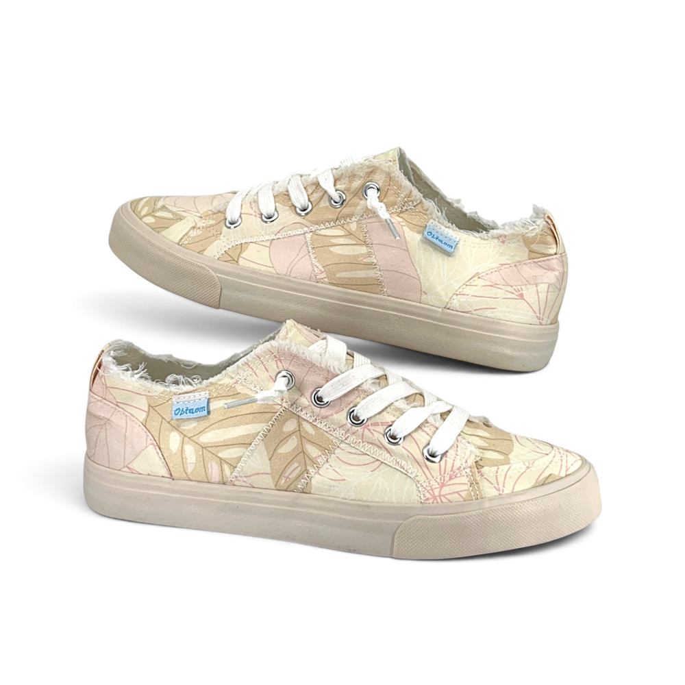 Obtaom Women’s 9 Pink Floral Distressed Canvas Lace-Up Sneakers